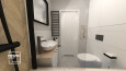Mała łazienka z prostokątnym lustrem w czarnym obramowaniu