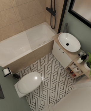 Łazienka z białą szafką stojącą, wanną umywalką nablatową oraz muszlą wiszącą