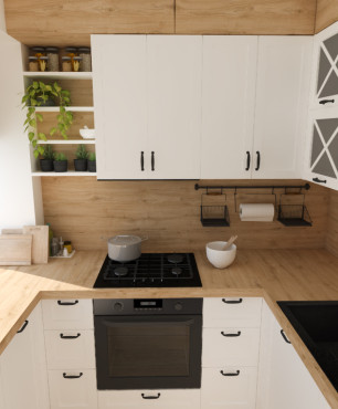 Projekt kuchni w zabudowie pod sufit w stylu skandynawskim z drewnianym blatem oraz czarnym zlewem