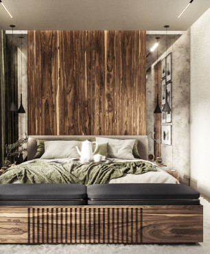 Sypialnia w stylu rustykalnym z dużym, drewnianym łóżkiem kontynentalnym