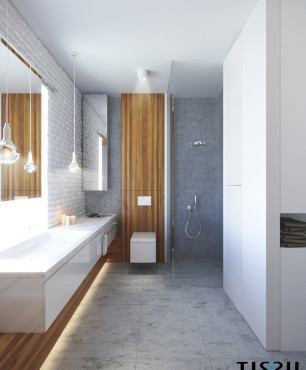 Łazienka z szarymi, wielkoformatowymi płytkami na podłodze oraz z prysznicem