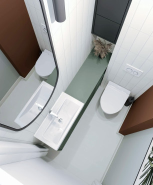 Łazienka w nowoczesnym stylu z eliptycznym lustrem na ścianie