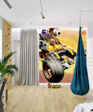 Przestrzenny pokój dziecięcy z tapetą ze sportowym autem na ścianie