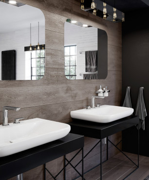 Łazienka w stylu rustykalnym z nowoczesnymi elementami oraz dwoma umywalkami nablatowymi