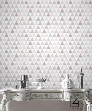 Salon z tapetą w biało-beżowe miniaturowe trójkąty