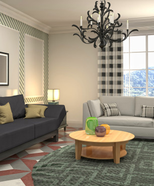 Projekt salonu z zielonym dywanem