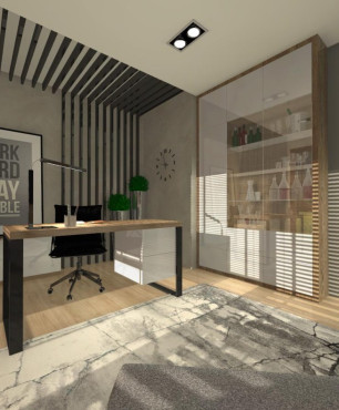 Biuro domowe z szarym kolorem na ścianach oraz szafką pod sufit ze szklanym frontem