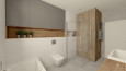 Duża łazienka  z białymi płytkami na ścianie oraz szarymi na podłodze i szafką wiszącą