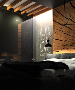 Sypialnia w stylu industrialnym z drewnem na ścianie