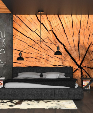 Projekt sypialni w stylu industrialnym z drewnem na ścianie