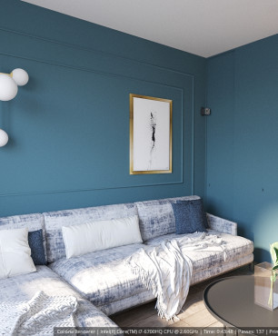 Salon ze sztukaterią oraz niebieskim kolorem ścian