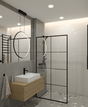Nowoczesna łazienka z szarymi płytkami na ścianie, drewnianą szafką wiszącą oraz białą umywalką nablatową