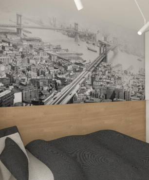Pokój młodzieżowy z tapetą przedstawiającą panoramę dużego miasta