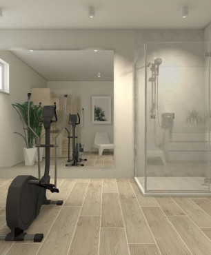 Duża łazienka z prysznicem, stepperem fitness oraz sauną