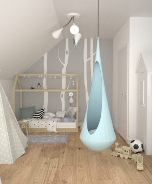 Projekt pokoju dziecięcego z łóżkiem domek, huśtawką kokon, namiotem tipi oraz meblami