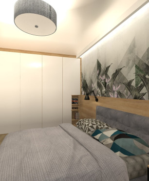 Sypialnia z tapetą i drewnem na ścianie oraz oświetleniem Led