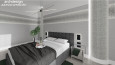 Klasyczna sypialnia z dużym łóżkiem kontynentalnym oraz szarym kolorem ścian