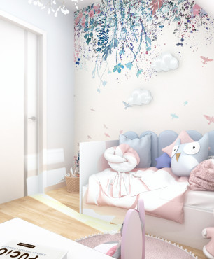 Projekt pokoju dziecięcego z oryginalnym, białym łóżeczkiem z tapicerowanym oparciem