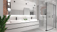 Projekt łazienki z białą szafką wiszącą, z dwoma umywalkami nablatowymi, prysznicem, dużym lustrem prostokątnym oraz jedną ścianą z cegły