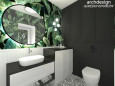 Projekt łazienki z efektem botanicznym na ścianie oraz z okrągłym lustrem w czarnej ramie
