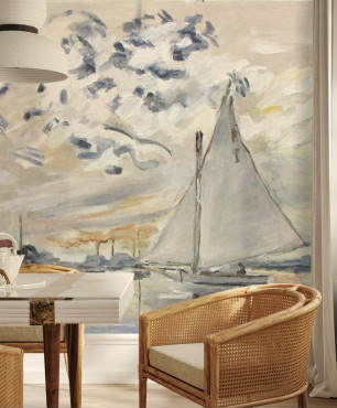 Salon w stylu marynistycznym z tapetą przedstawiającą port