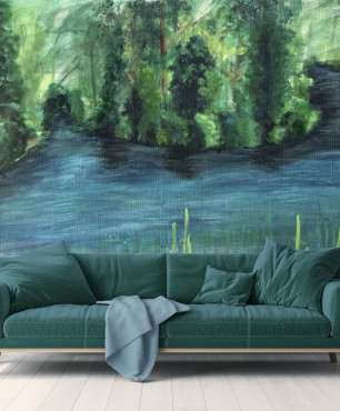 Nowoczesny salon z motywem zieleni na tapecie na ścianie