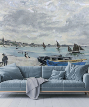 Tapeta THE BEACH AT SAINTE-ADRESSE Claude Monet w salonie z niebieską sofą