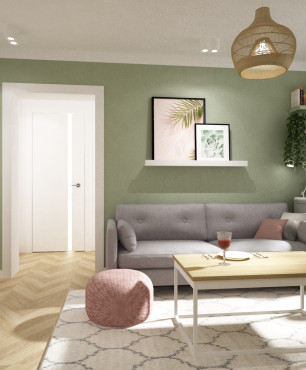 Projekt salonu z zielonym kolorem ścian oraz modnymi meblami