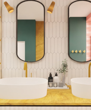 Projekt łazienki z dwoma umywalkami oraz eliptycznymi lustrami