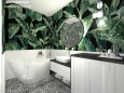 Nowoczesna łazienka z wanną ceramiczną oraz z motywem botanicznym na ścianie