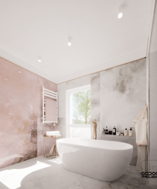 Łazienka z różowymi płytkami na ścianie oraz wanną ceramiczną