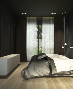 Sypialnia z tapicerowanym łóżkiem