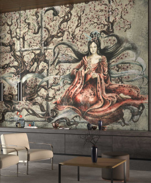 Salon z tapetą Sakura na ścianie