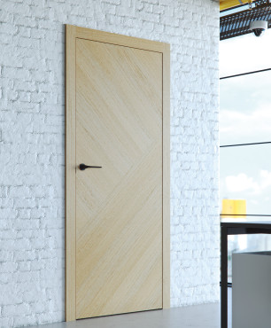 Drewniane drzwi na ścianie z białej cegiełki