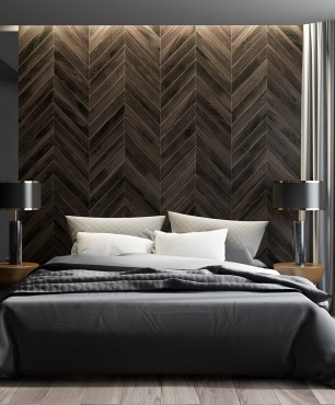 Designerska sypialnia z drewnianą ścianą