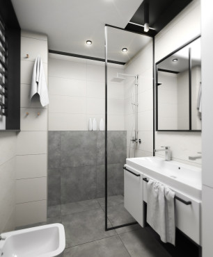 Szaro-biała łazienka z czarnymi dodatkami