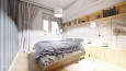 Sypialnia szaro-biała z drewnianymi dodatkami