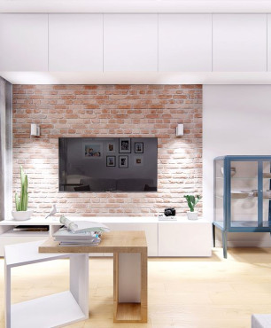Salon z telewizorem na ścianie z  rustykalnej cegły