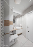 Białą łazienka z elementami drewna
