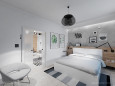 Biała sypialni ze ścianą z betonu dekoracyjnego