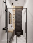 Aranżacja łazienki z prysznicem typu walk-in z otwarta drewnianą szafką