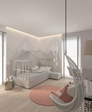 Pokój dziewczynki z łóżkiem domek i huśtawką przymontowana do sufitu