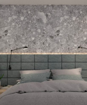 Sypialnia z zielonym zagłówkiem tapicerowanym