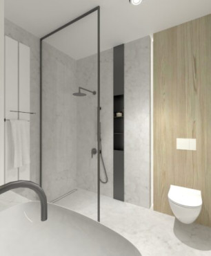 Łazienka z prysznicem walk-in i drewnianą ścianą, na której zamontowano muszlę wisząca