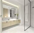 Łazienka z prysznicem typu walk-in i drewnianą szafką wisząca