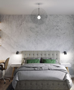 Sypialnia z tapetą na ścianie i z biurkiem