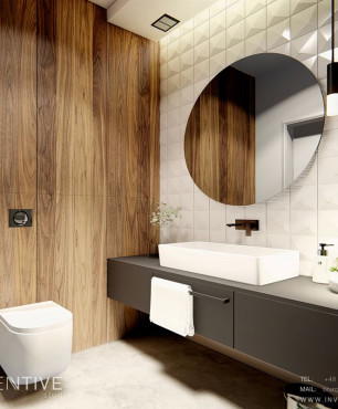 Ściana z imitacją drewna w łazience z okrągłym lustrem