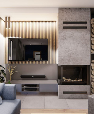Salon z telewizorem zamontowanym na drewnianej ścianie
